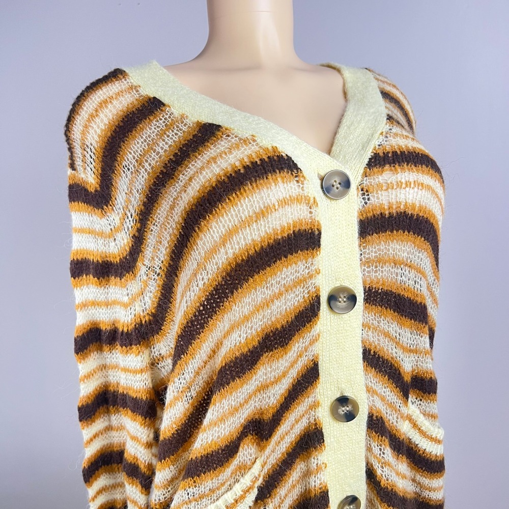 Striped Oversized Cardigan Sweater XL  Grunge Open Knit Brown Yellow Distressed - Picture 6 of 12